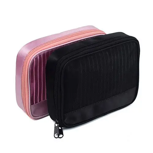 A stylish mesh vanity bag used as a premium promotional gift or travel kit organizer for beauty brands and lifestyle collections